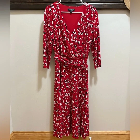 Lauren Ralph Lauren Red Floral Faux Wrap Jersey Dress Size 12 - Picture 2 of 15